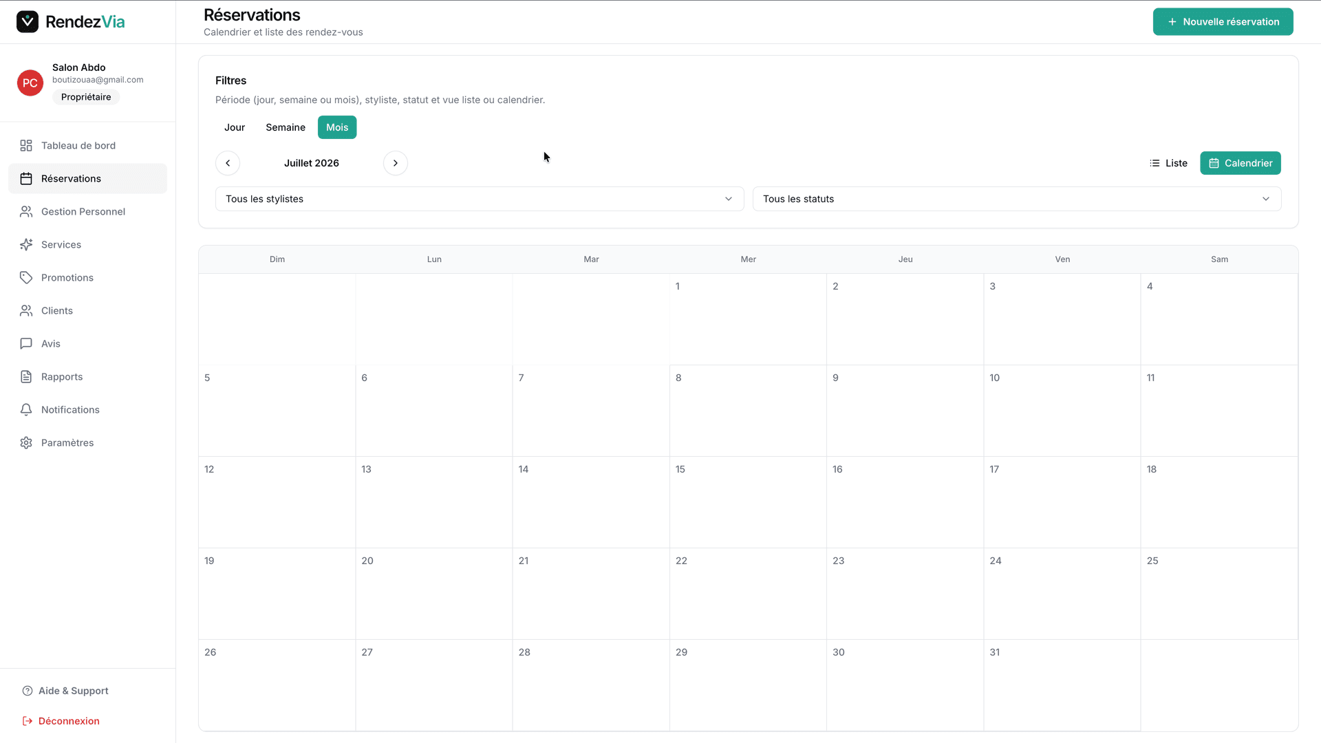 Interface agenda RendezVia avec créneaux et rendez-vous