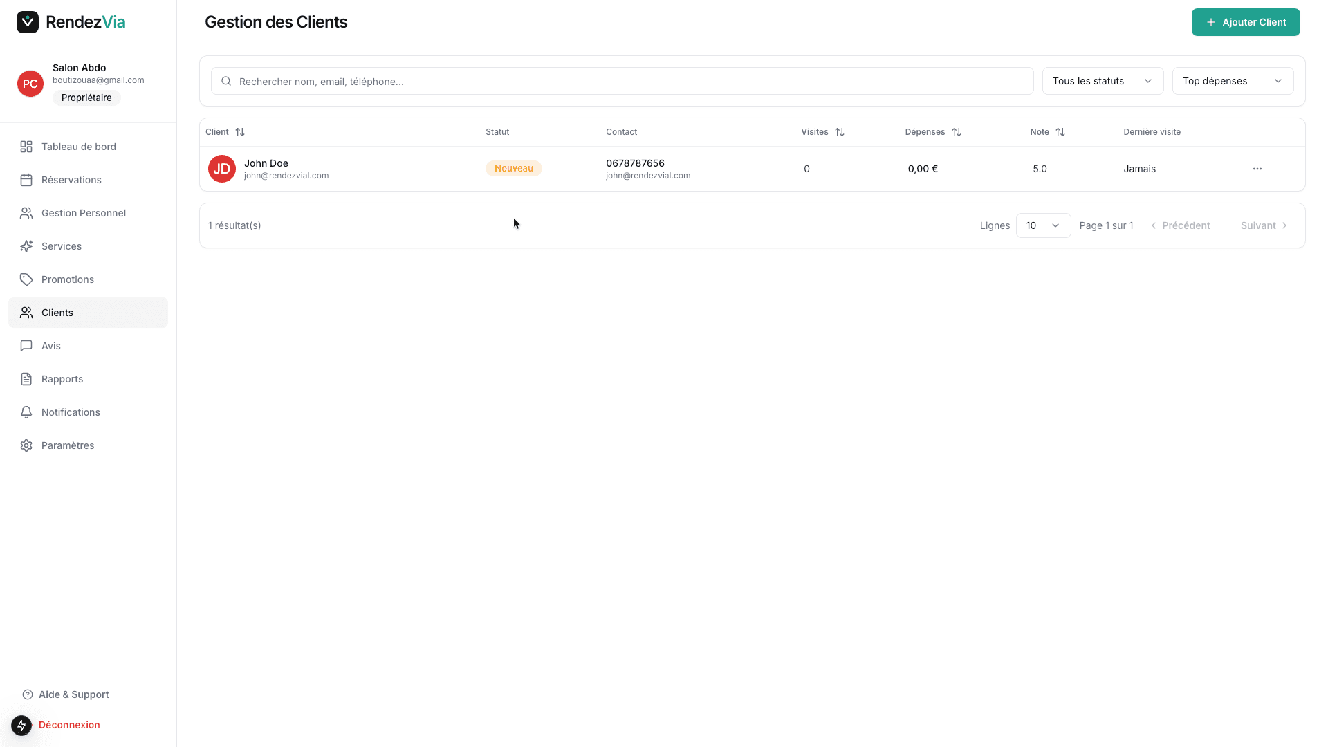 Liste clients RendezVia avec historique de visites