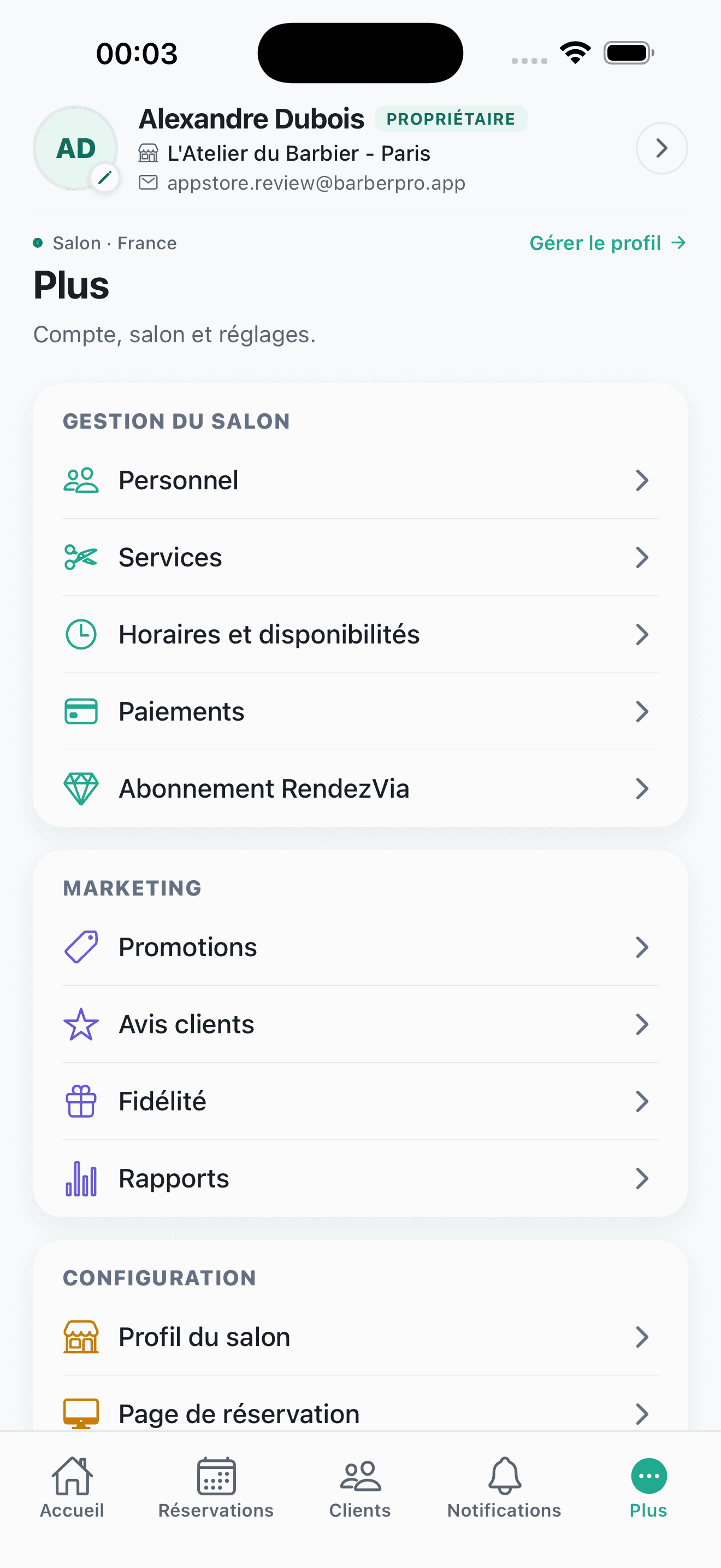 Menu Plus RendezVia avec gestion du salon, marketing et configuration